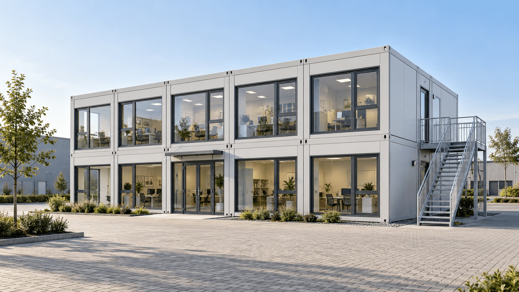 Visualisierung einer zweigeschossigen Bürocontaineranlage mit großen Fenstern und Außentreppe
